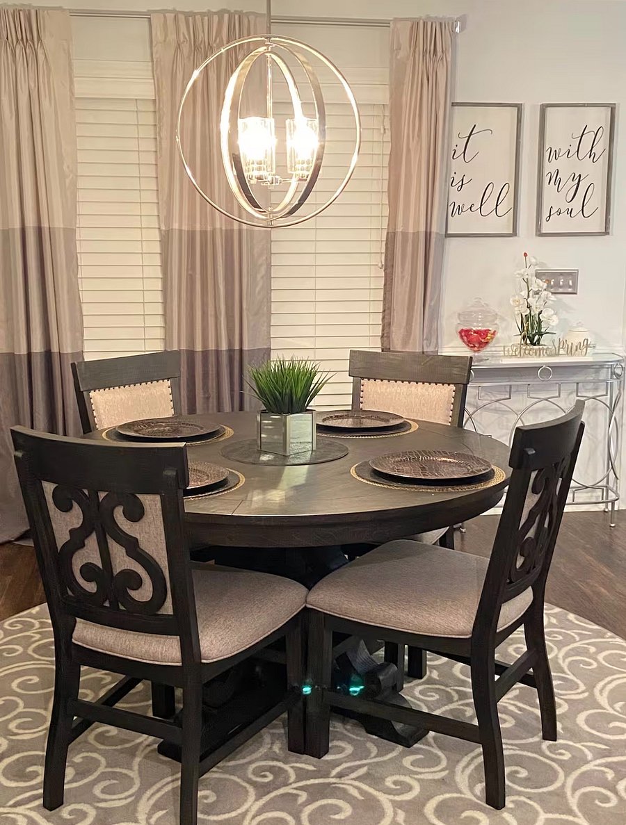 Dining room table, buffet and eating area