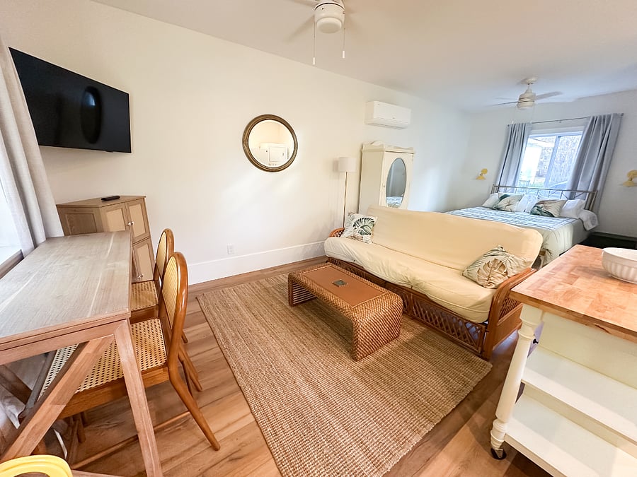Dedicated workspace that converts to a dining area with reliable high-speed Wi-Fi - ideal for travel nurses and remote professionals.