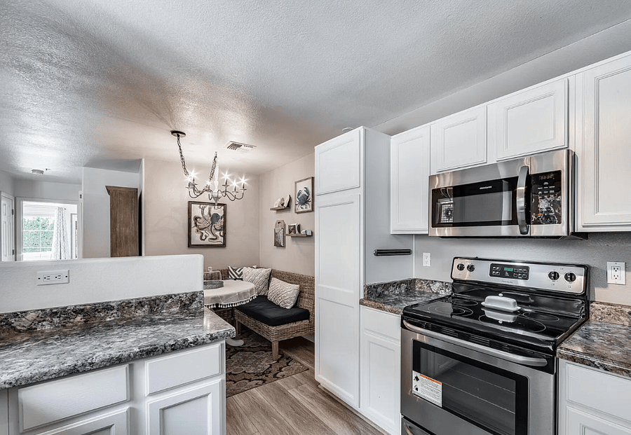 kitchen and view to dining area