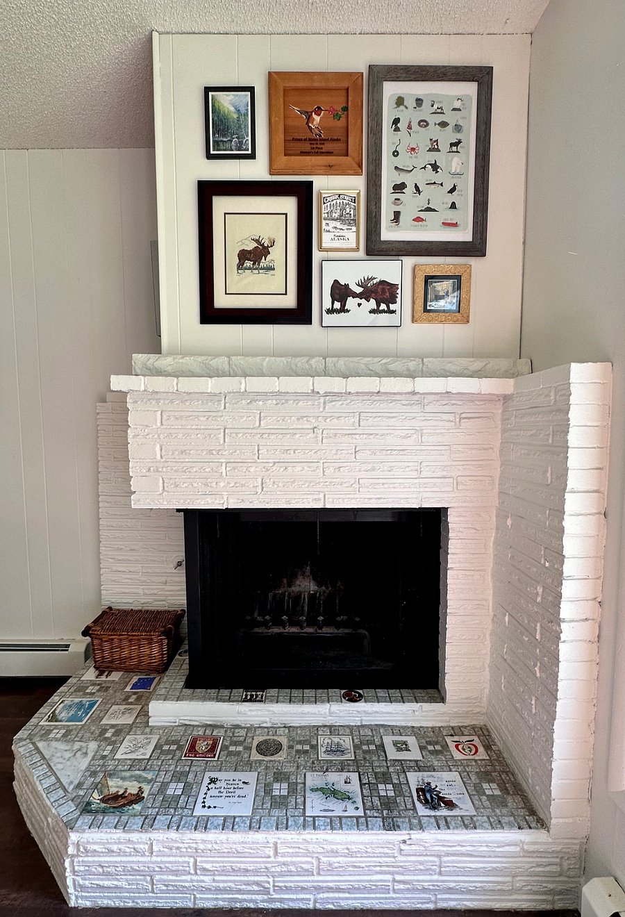 Wood-burning fireplace with artistic touches. Guests are NOT permitted to use the fireplace.