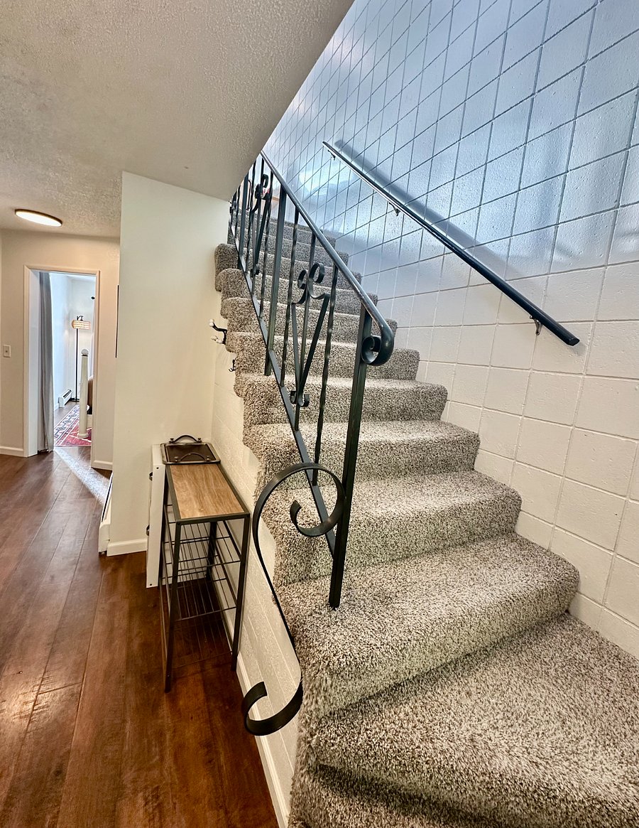 Front door entrance showing stairs up to living room, dining area, kitchen, half bathroom, and patio; downstairs hallway shown goes to three bedrooms, full bathroom, and laundry area.