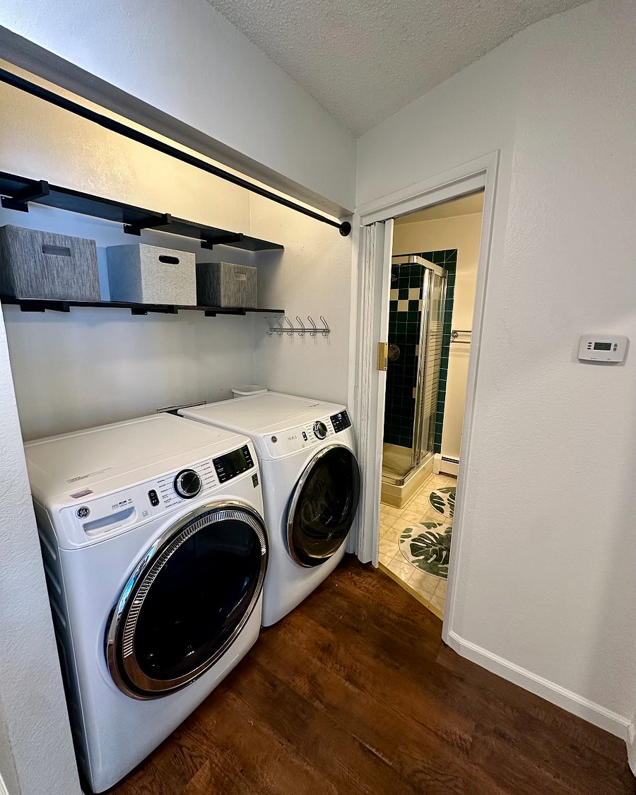 Brand new, high-efficiency washer and dryer are on the ground level, adjacent to the full "go green" bathroom.