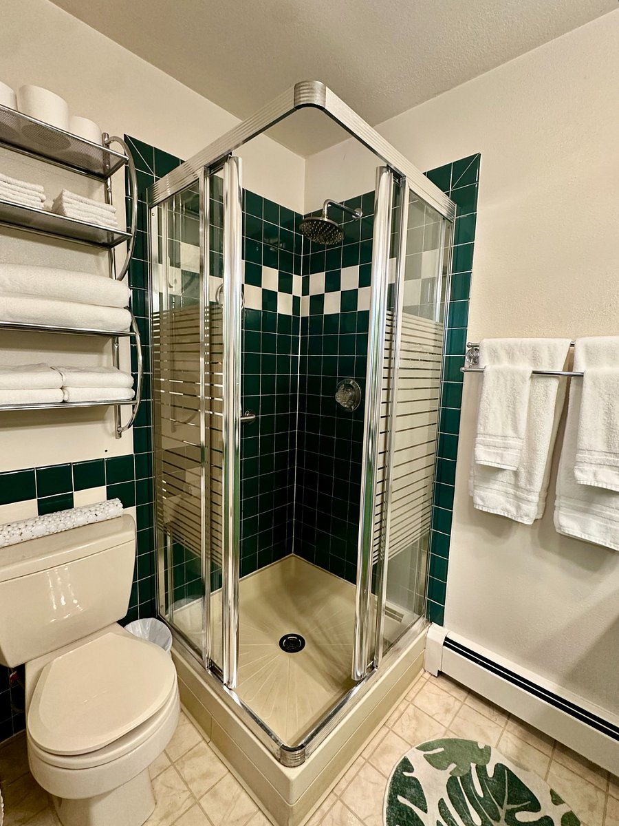 Full bathroom has an enclosed, stand-up shower with "retro" green tile and loads of fluffy towels. Shampoo, conditioner, and body wash are provided.