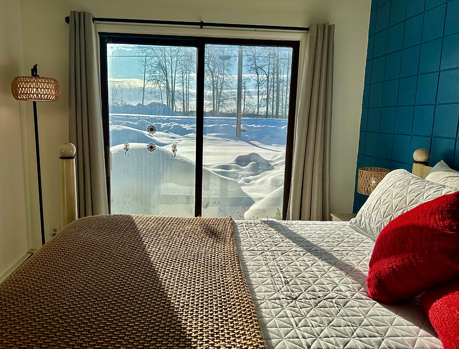 Sun and snow as seen from the ground-level sliding door.