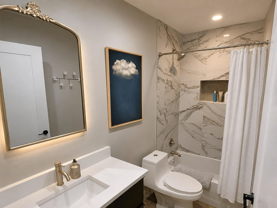Spacious spa-style bathroom with soaking tub/shower combo, linen closet & bright vanity lighting