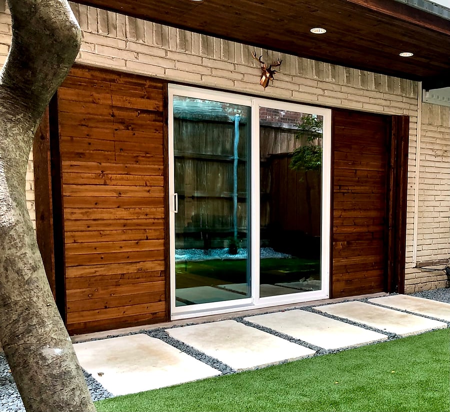 Cedar wood accents, covered awning, and sliding doors, perfect set up on those perfect weather days.