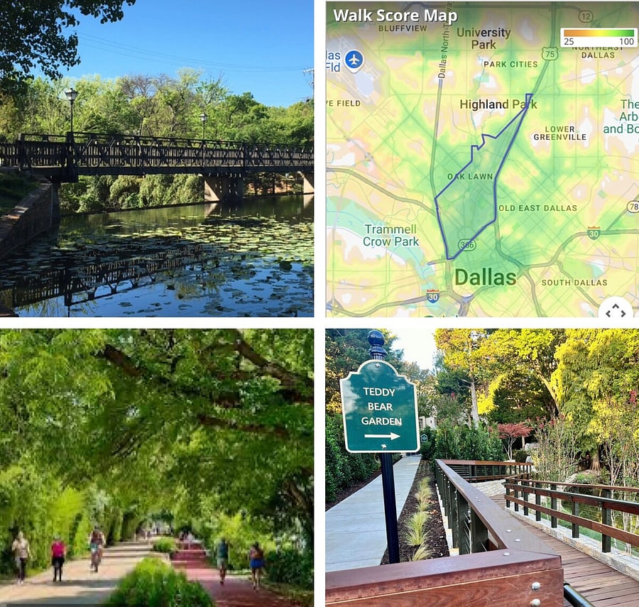 High walkability in North Oak Lawn & Highland Park! Walk to Katy Trail, scenic bridges, waterfalls, wildlife, and Teddy Bear Park, all minutes away. Explore shaded trails, rustic wooden walkways & serene lakeside views in the heart of Dallas