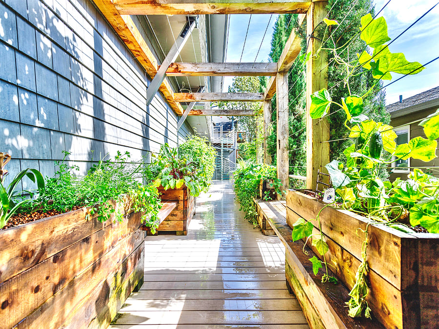 Private garden patio with seating.