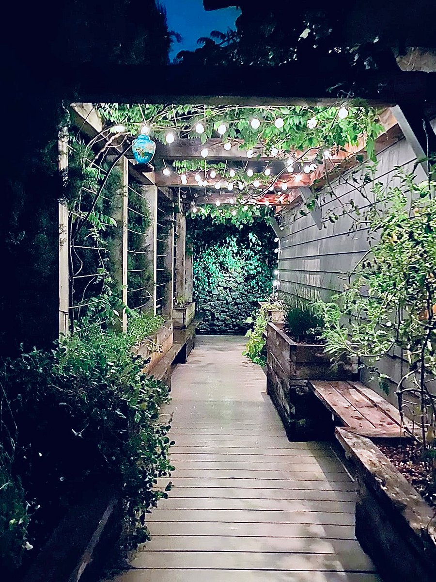 Private garden patio in the evening with lighting