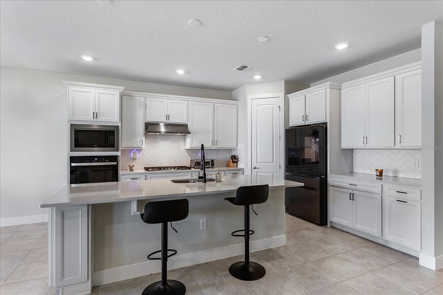 Kitchen with gas stove, brand new fridge and deep sink