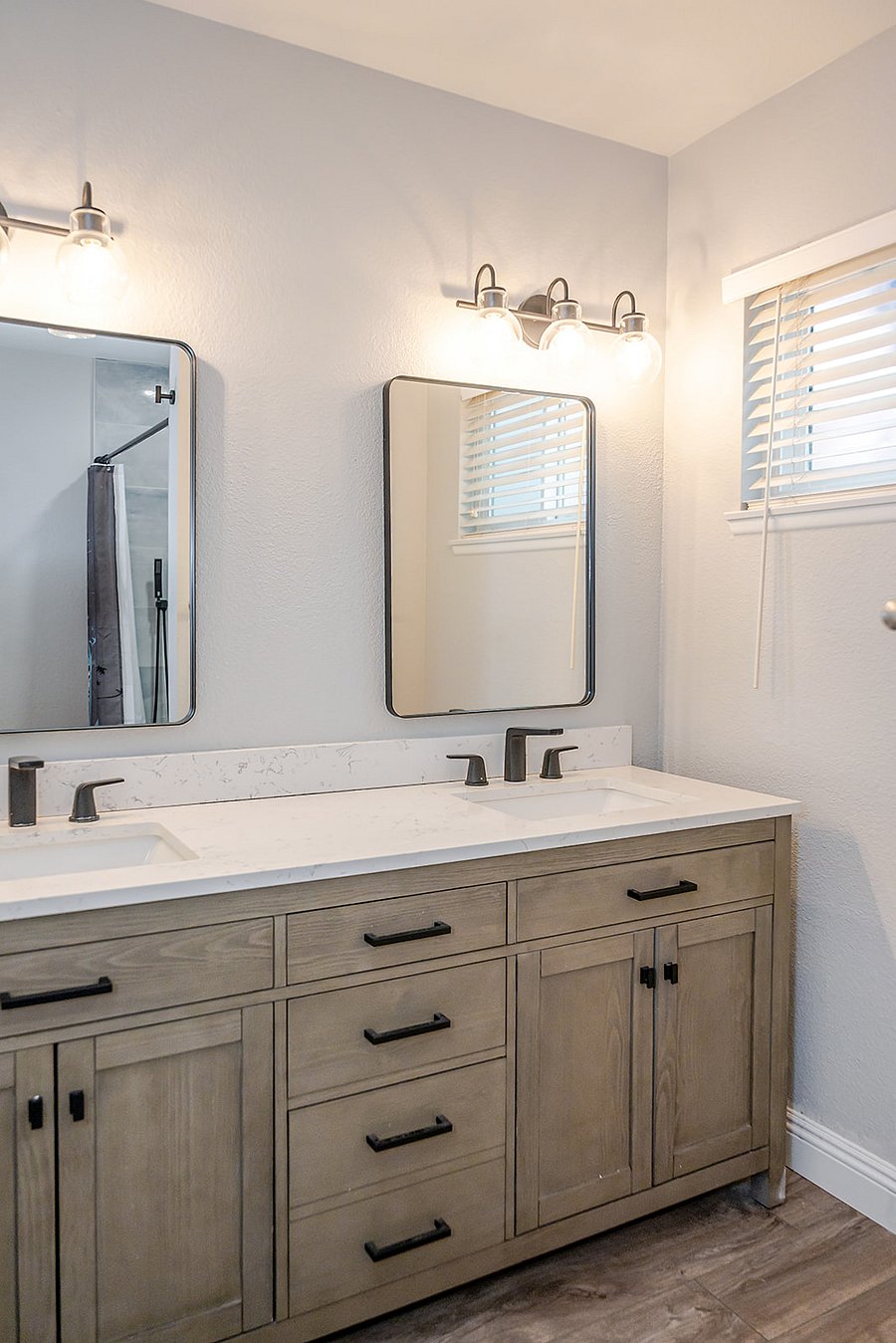 Primary bathroom with dual sink vanity