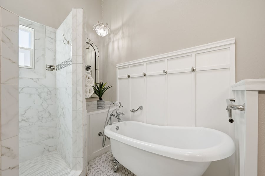 The Clawfoot tub for your soaking pleasure. Walk in extra large shower with teak stool