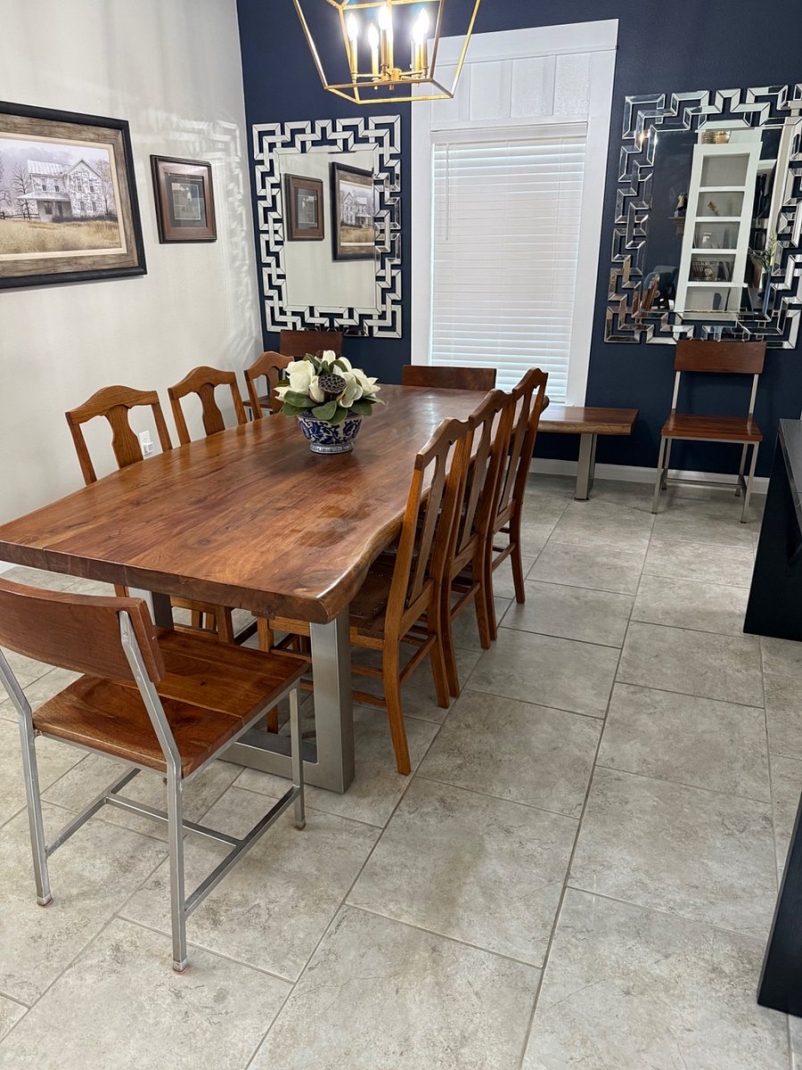 Live edge table with vintage oak and leather chairs fits 6 to 8