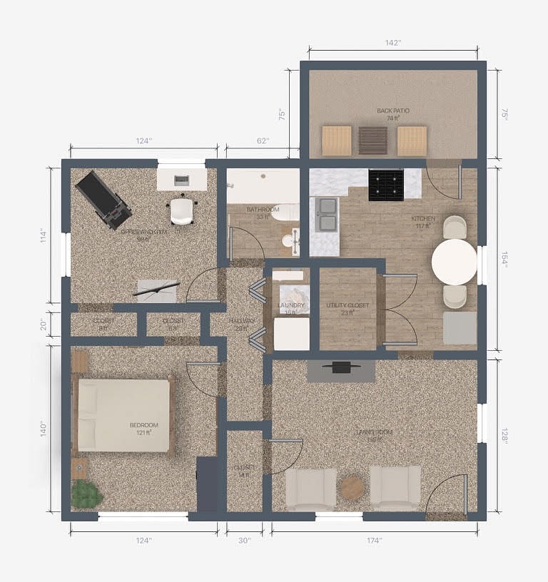 Approximate Floorplan Option 2:
1 full bedroom with a dedicated office and gym.