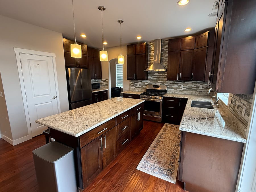 Modern Kitchen with new Samsung refrigerator and dishwasher. Large walk-in pantry.