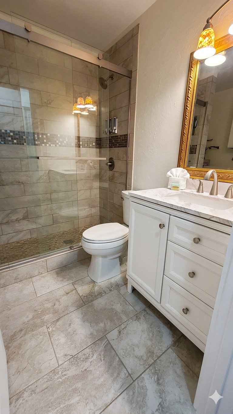 Bathroom has a walk-in shower and also where you will find the high end washer and dryer.