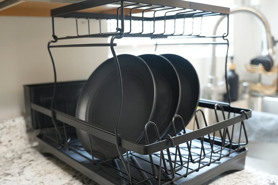 kitchen dish rack and dishes