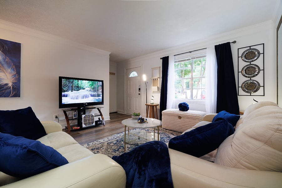 Living room angle to front door with rotating TV