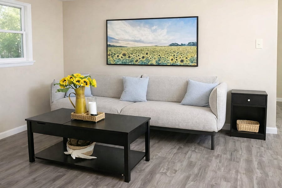 Bright Natural Light, Clean, and Well-Maintained Living Room.