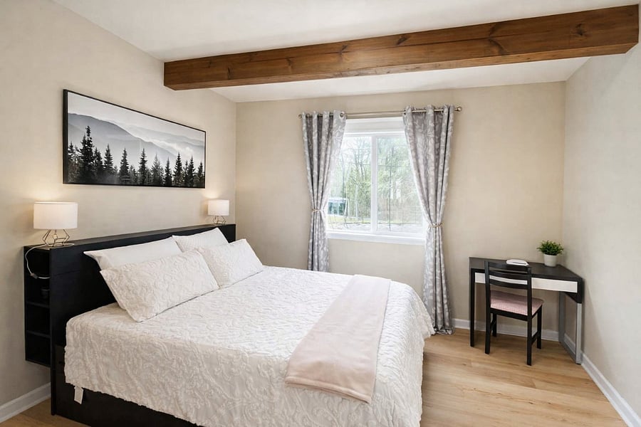 Bright natural light by day, blackout curtains for restful nights, and fresh brand-new bedding every stay.