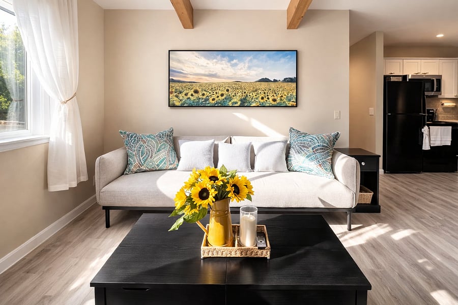 Bright Natural Light, Clean, and Well-Maintained Living Room.