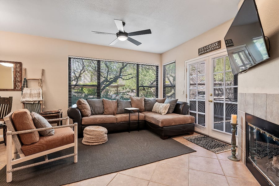 Large living area with smart tv.