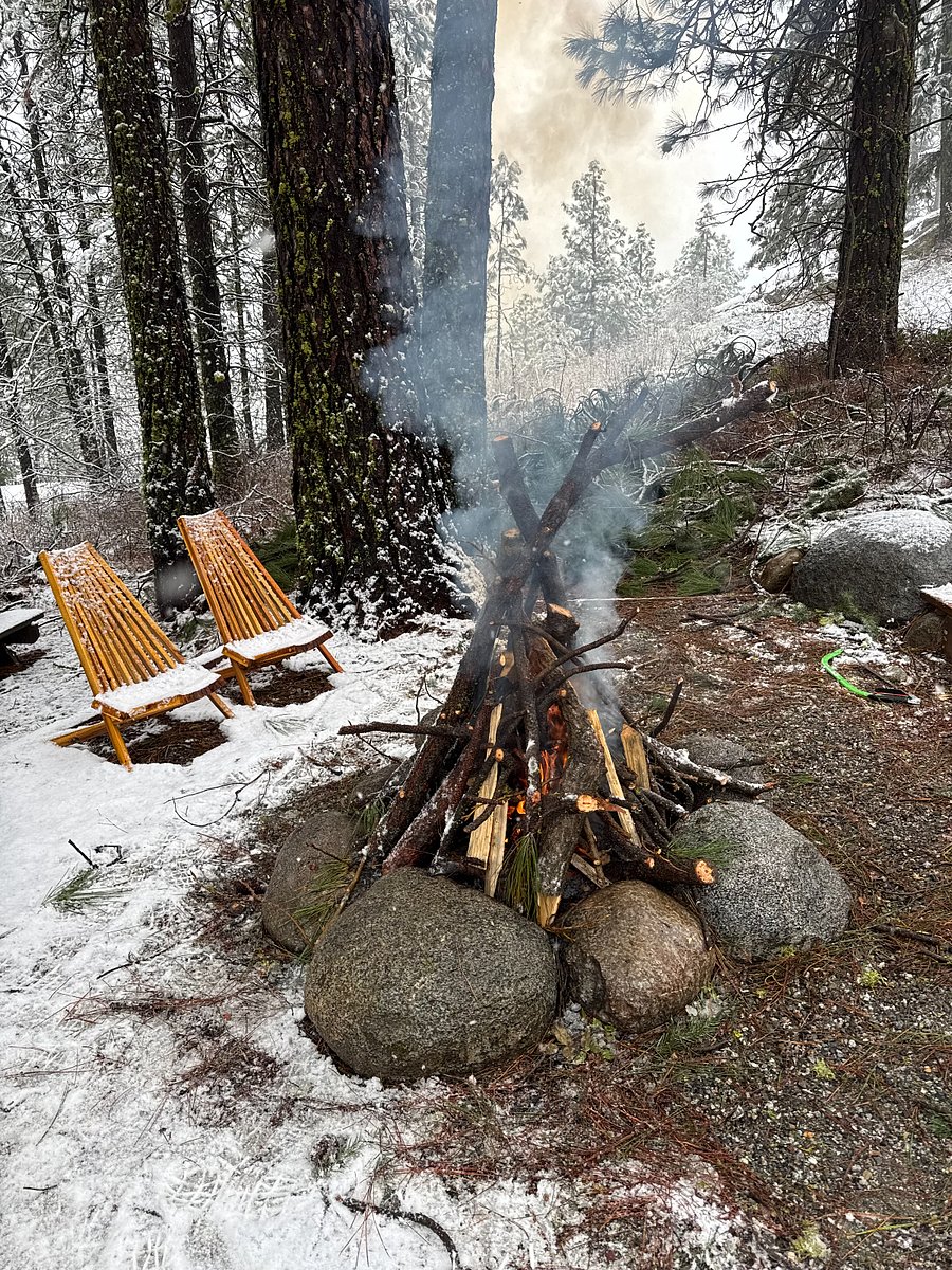 When burn bans are not in effect, enjoy fires outside in our fire pit areas in the forest.