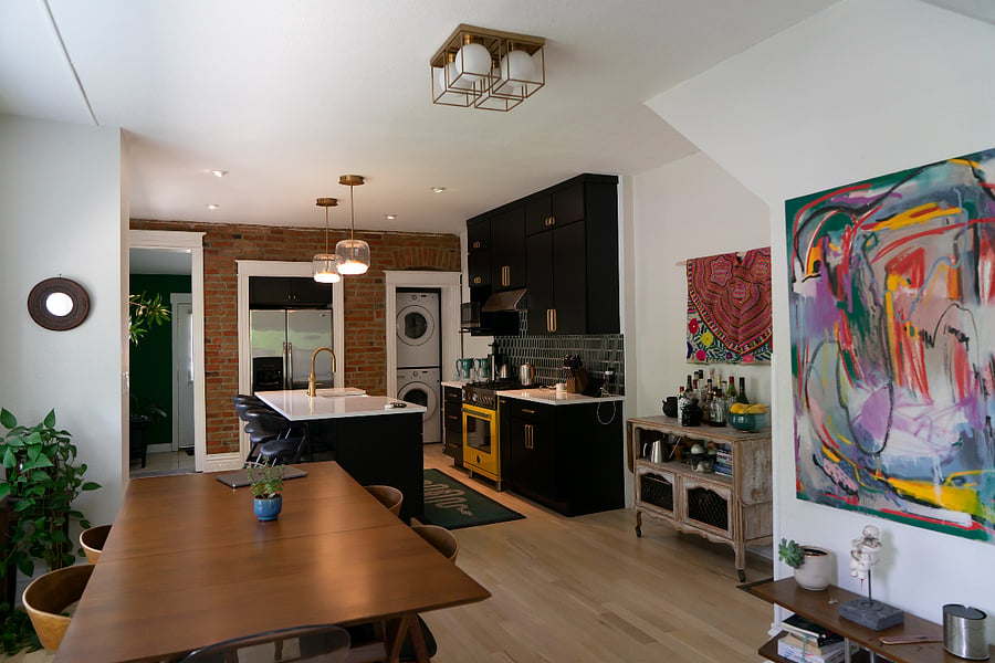 View from the living room of the dining room and kitchen.