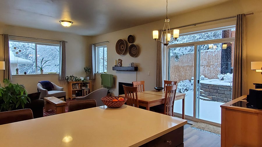There a small patio and outdoor space. Fenced but not dog proof.