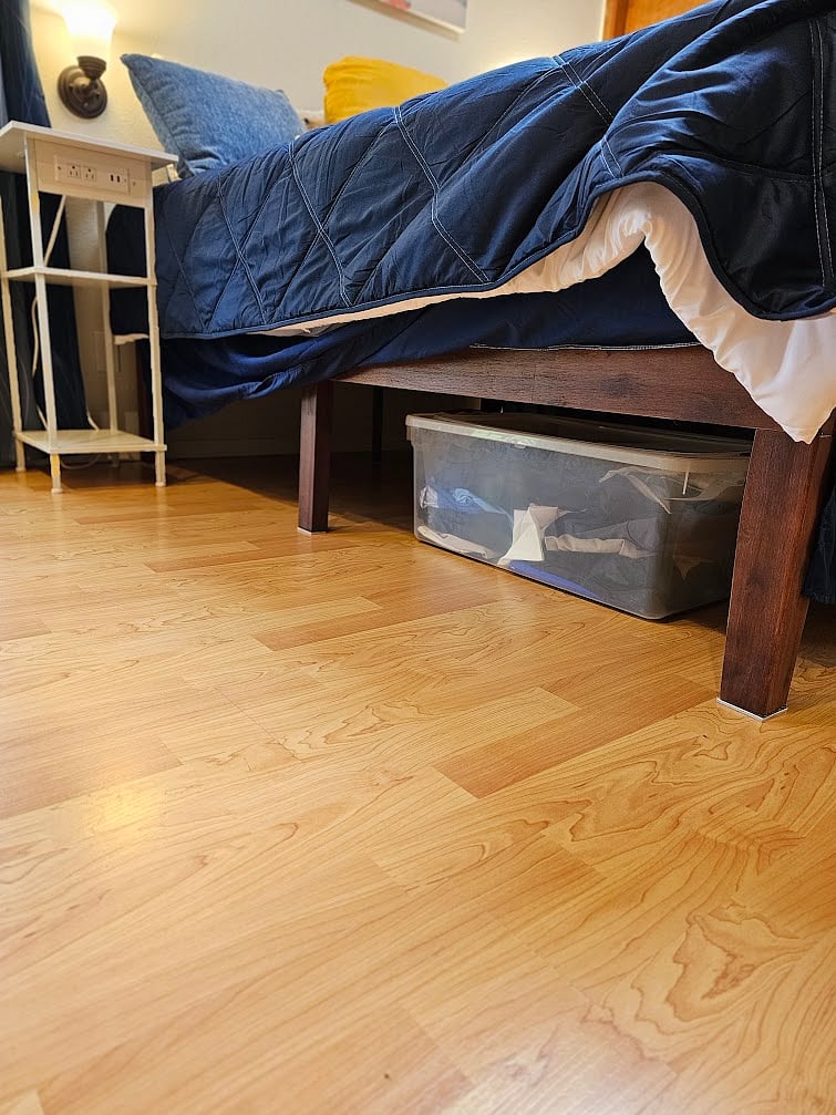 Underbed storage for up to 6 large storage totes. 14 in clearance under the bed.