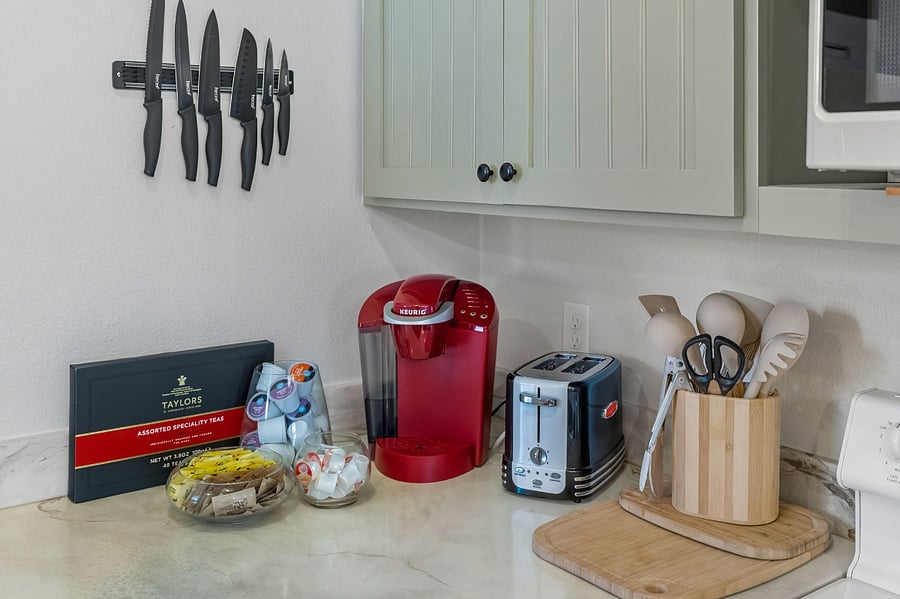 Starter comforts providedcoffee, tea, honey, and more. Keurig or full pot coffee maker availablejust let us know your preference.