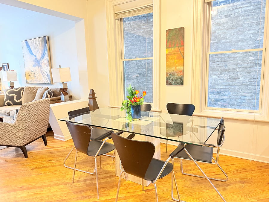 Dining table with seating for 6, perfect for shared meals..
