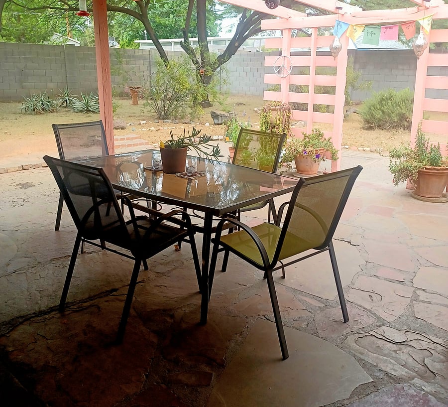 Covered back patio opening onto fully fenced back yard. 