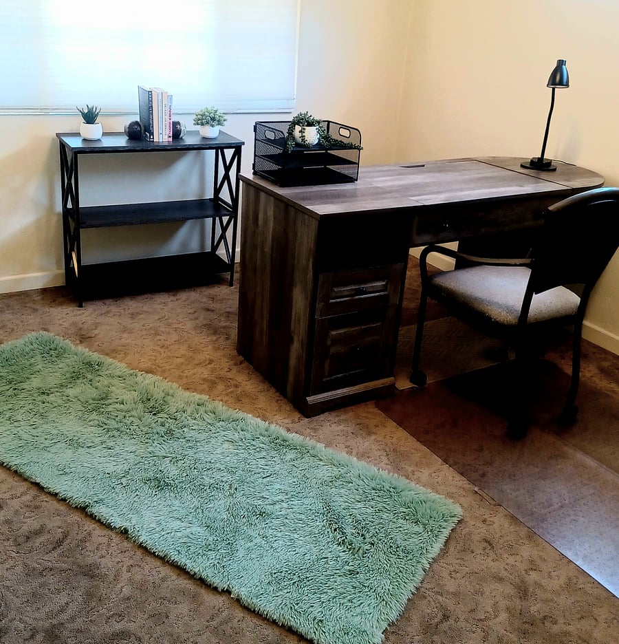 Office with desk, chair, bookshelves, light