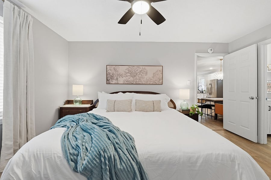Bedroom one includes a King Bed, luxury mattress and linens. Ensuite bathroom with shower and laundry room.
