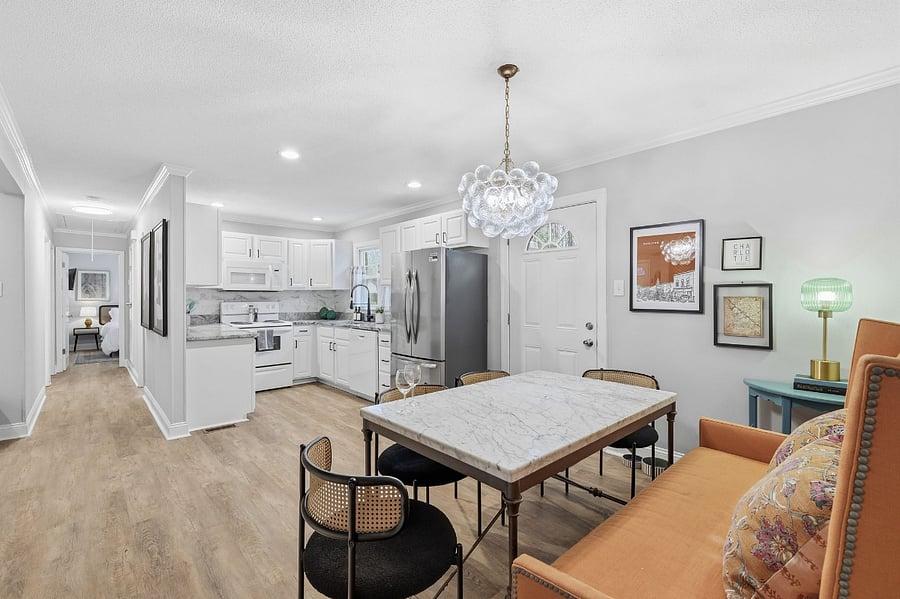 View of kitchen from dining table