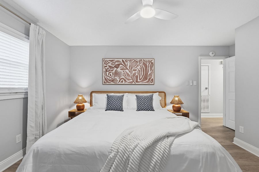 Bedroom three includes a King Bed, phone chargers, Roku TV, extra blankets. luxury mattress, and linens