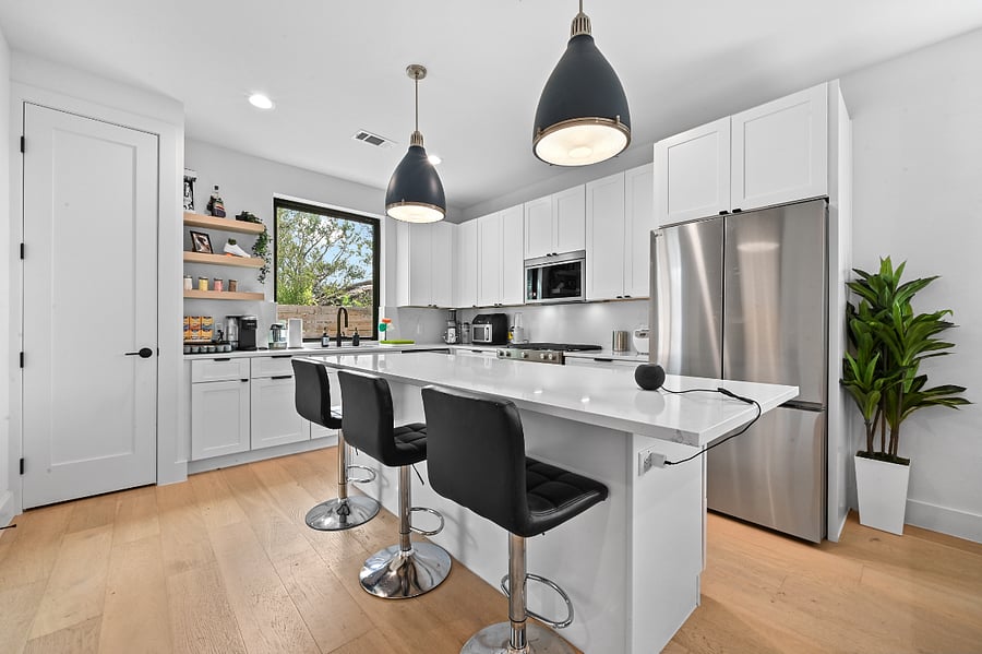 Keurig coffee machine 3 different coffee options 6 tea options Silverware + Plates + Bowls + Glasses for 8 Sur la Table air fryer Juicer Rice maker NutriBullet Bowl with snacks Filtered water dispenser inside of fridge Gas stove