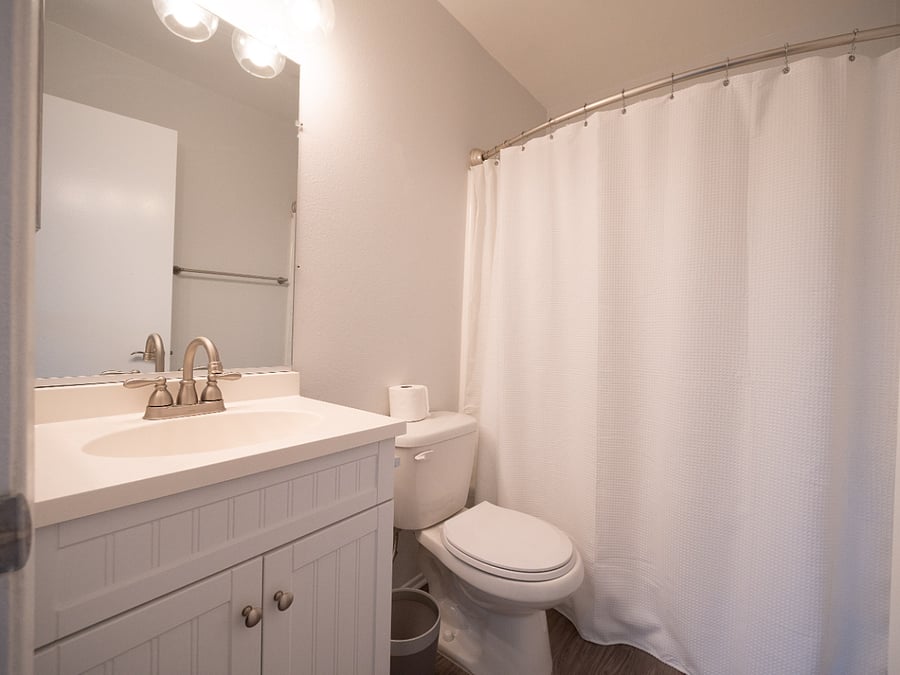 Bathroom 2 with shower curtain, garbage pail, toilet bowl brush.