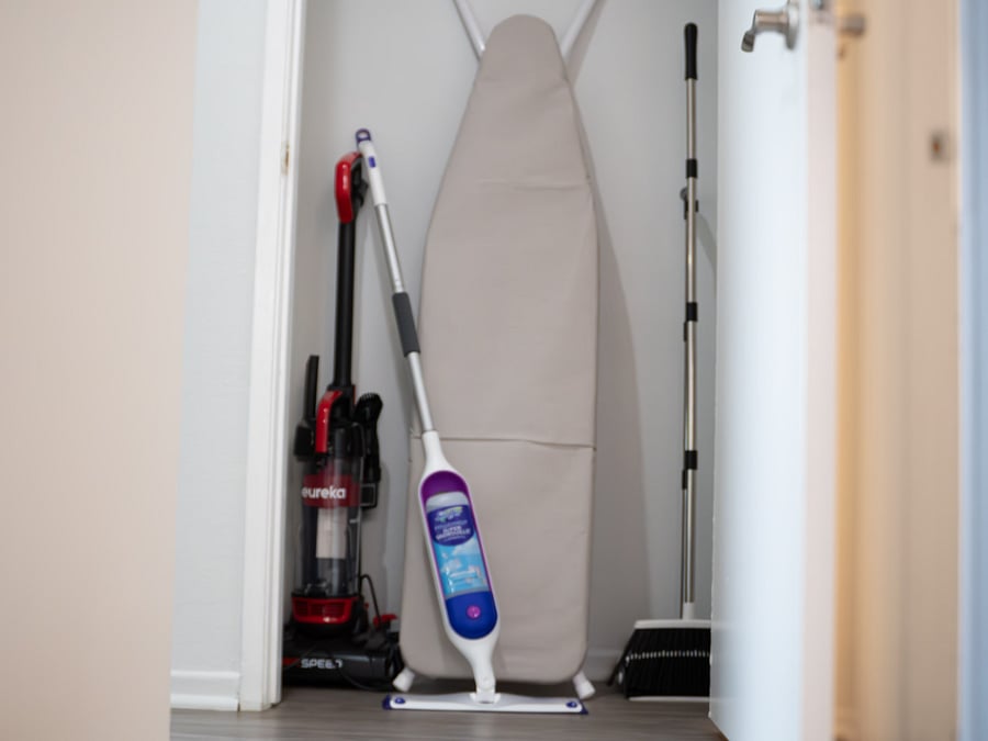 Iron, ironing board, broom, and dustpan, Swier mop, vacuum.