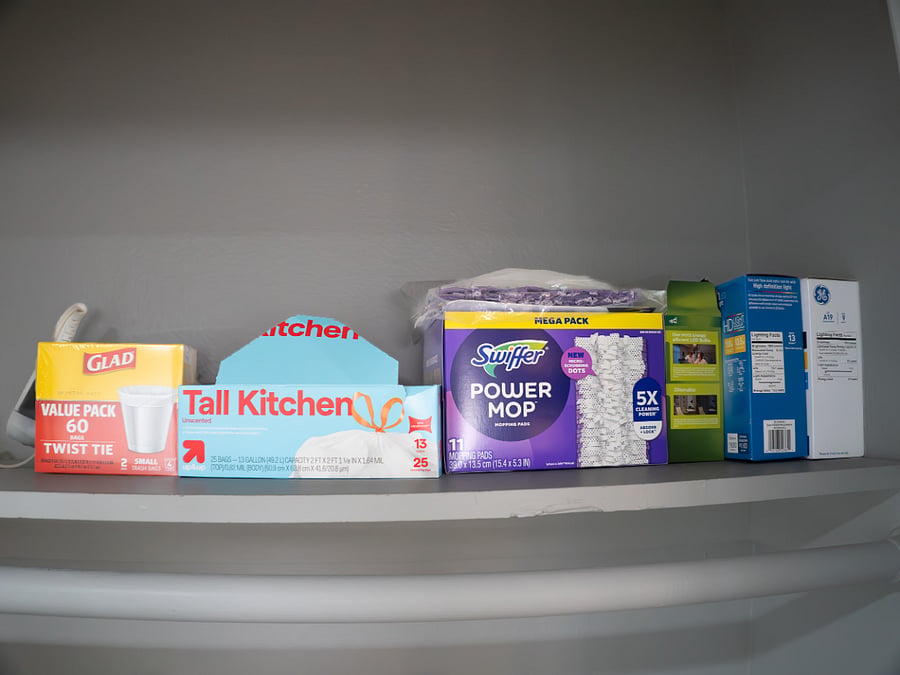 Garbage pail bags for kitchen and bathroom, swiffer mop, pads, lightbulbs, iron