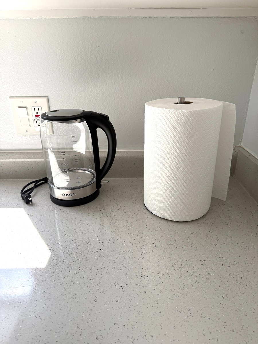 Hot water, kettle, paper towel dispenser with paper towel towels
