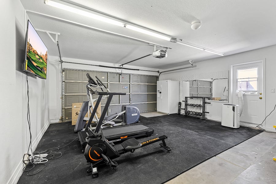 gym with treadmill, elliptical, bike, rowing machine and HD TV 
free weights fan and AC.Large 