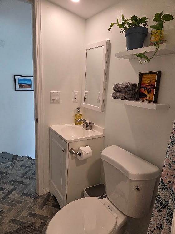 Bathroom - sink, vanity, and shelves