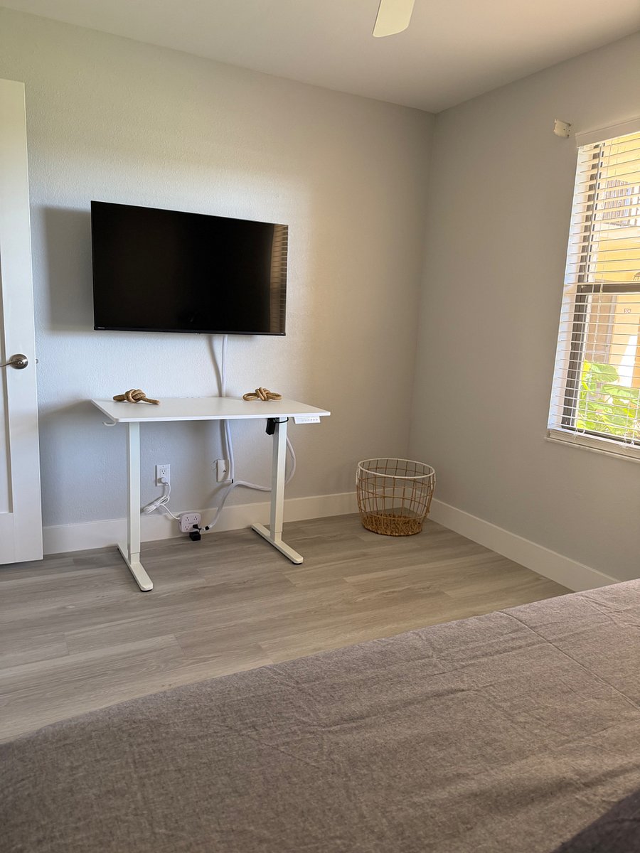 Adjustable height standing desk. Another Smart TV!