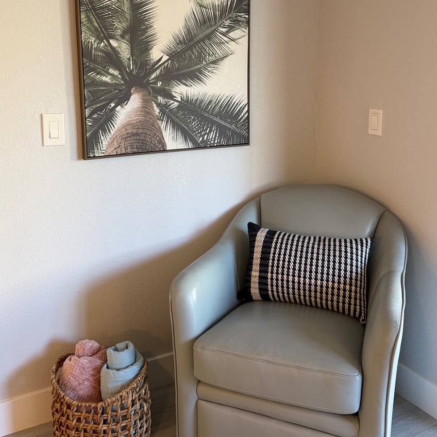 Comfy swivel chair you can easily move to suit your needs and guests.