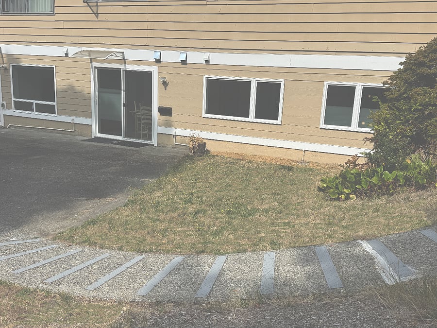 Photo taken after summer brownout of grass. Traction strips to help keep you safe if concrete gets slippery due to frost or snow.
