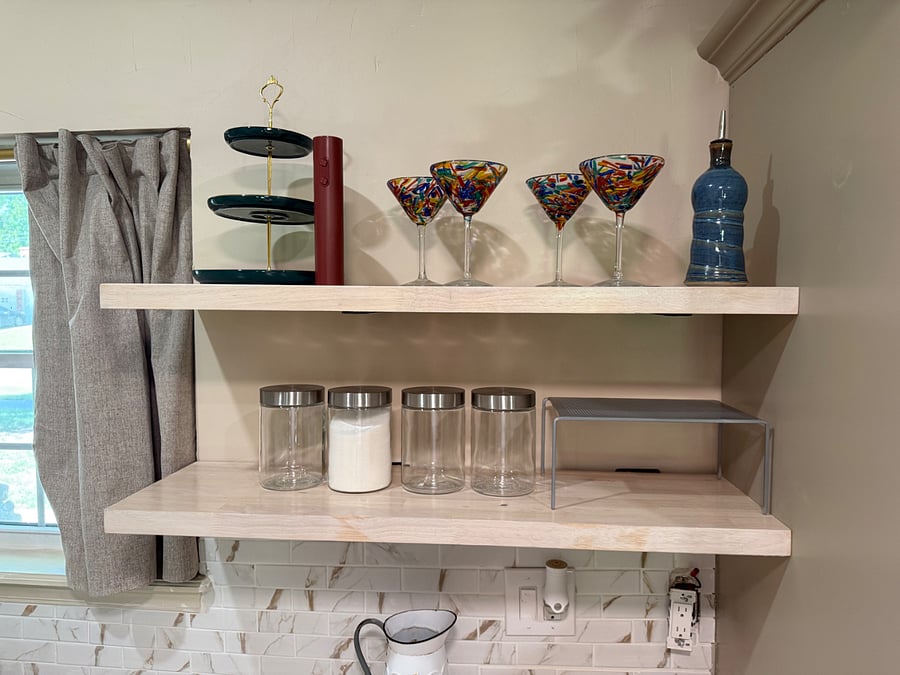 Open kitchen Selving, Festive martini glasses, storage Jars.