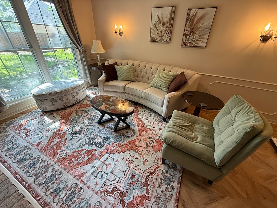 Formal Living Room, Woodburning Fireplace shares with Fmaily room. Great place for quite, study, or work.