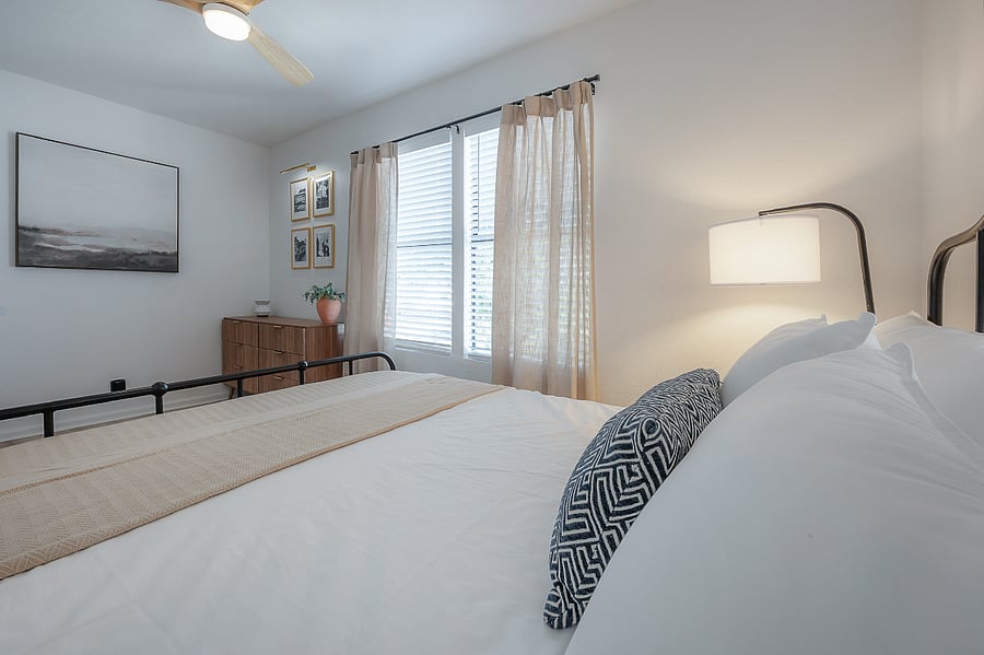 Primary bedroom at the back of the house with Queen sized bed and comfortable mattress